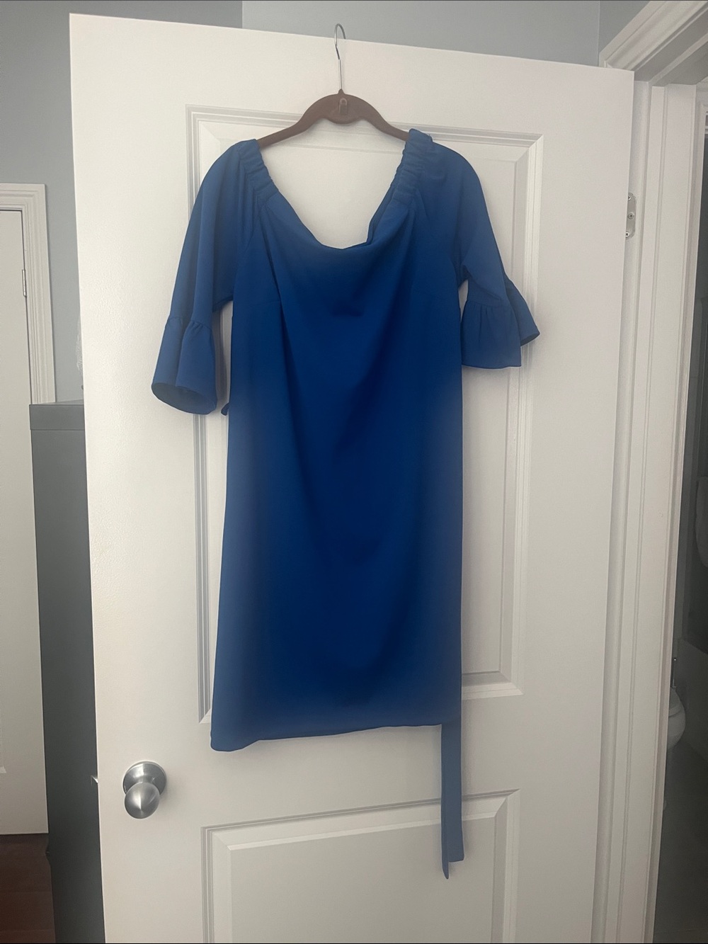 Cobalt Off-the-Shoulder Midi Dress with Ruffle Sleeves